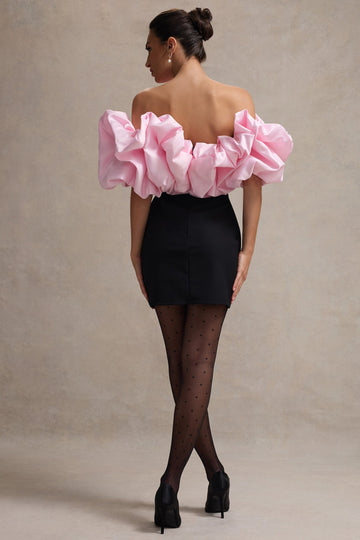 Macaron Black Bardot Mini Dress With Pink Ruffle Trim